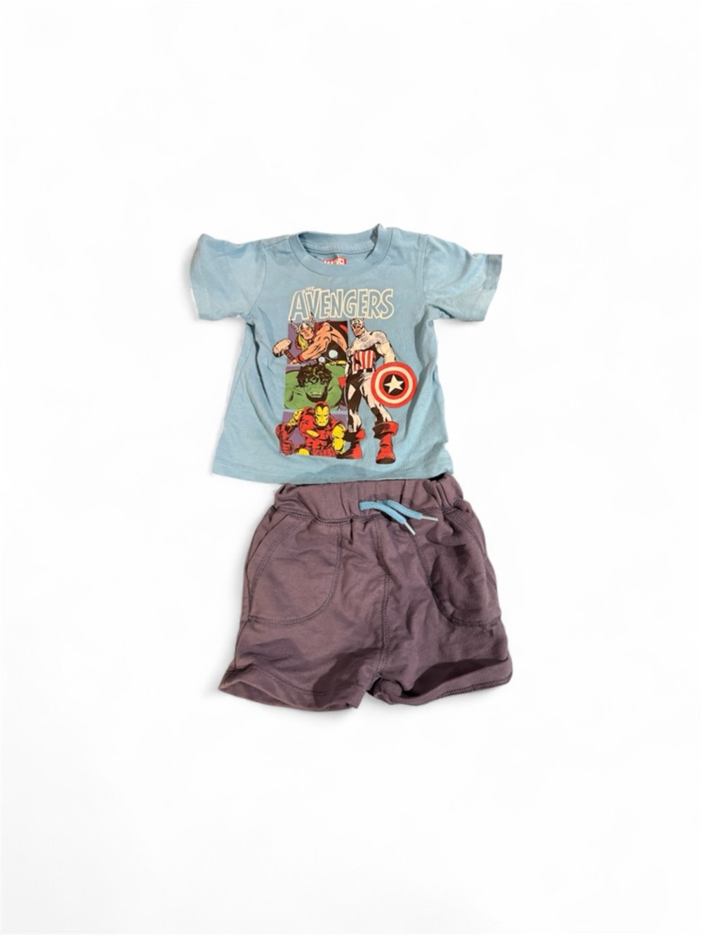 Marvel Avenger Light Blue Graphic Tee with Dark Purple Shorts size 12 months